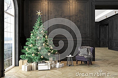 Black interior with christmas tree, armchair, gifts, pillow, wall panels. Cartoon Illustration