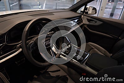 black Interior new hybrid SUV Car Audi E-Tron Q8, steering wheel, Driver's column, digital instrument panel, technological Editorial Stock Photo