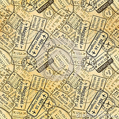 Black International travel visa rubber stamps imprints on old paper, seamless pattern Vector Illustration