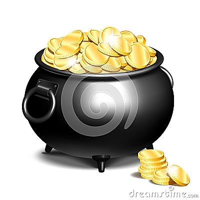 Cauldron or a black pot full of gold coins Vector Illustration