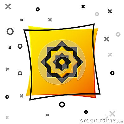 Black Islamic octagonal star ornament icon isolated on white background. Yellow square button. Vector Vector Illustration