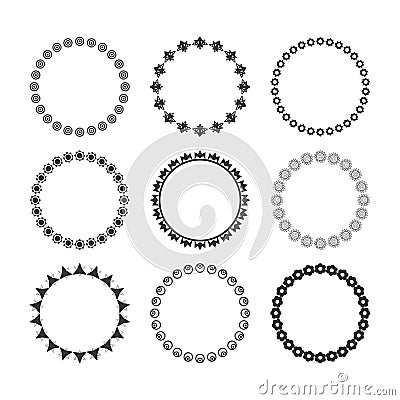 Black isolated circle and round floral and geometrical mandala emblems and borders design elements set on white Vector Illustration