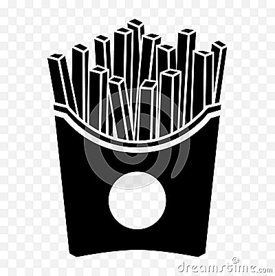 Black isolated french fries icon. French fries in a paper box. Vector Illustration