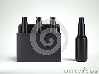 3 black isolated glass beer bottles in black box, 3d rendering Stock Photo