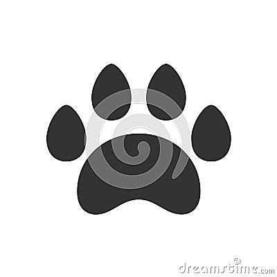 Black isolated icon of animal paw track on white background. Silhouette of animal foot print. Vector Illustration