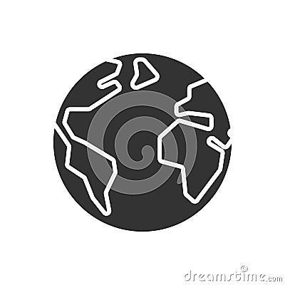 Black isolated icon of globe on white background. Silhouette of earth. Vector Illustration