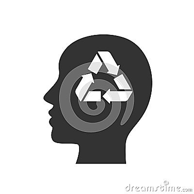 Black isolated icon of head of man with recycling mind on white background. Silhouette of head of man. Recycle think. Vector Illustration
