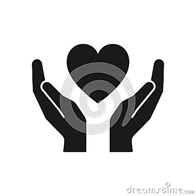 Black isolated icon of heart in hands on white background. Silhouette of heart and hands. Symbol of care, love, charity Vector Illustration