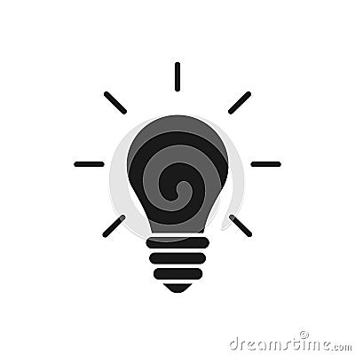 Black isolated icon of light bulb on white background. Silhouette of illuminated lamp. Symbol of idea, creative. Flat design Vector Illustration