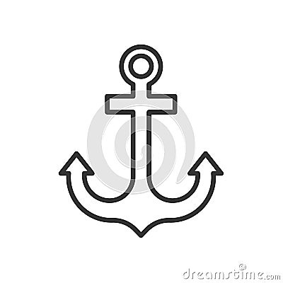 Black isolated outline icon of anchor on white background. Line Icon of anchor. Vector Illustration