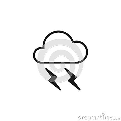 Black isolated outline icon of cloud with lightning on white background. Line Icon of thunder Vector Illustration