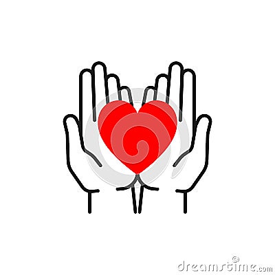 Black isolated outline icon of heart in open hands on white background. Line icon of red heart and hands. Symbol of care, love, Vector Illustration