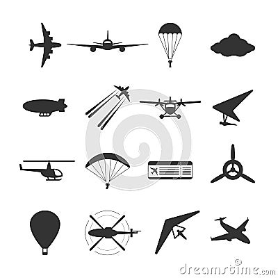 Black isolated silhouette of hydroplane, airplane, parachute, helicopter, propeller, hang-glider, dirigible, paraglide, balloon. S Vector Illustration