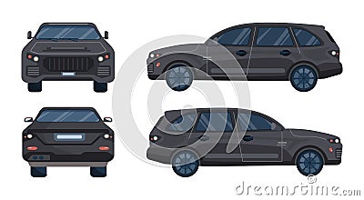 Black Jeep car set. Luxury off road vehicle, business transportation. Vector Illustration