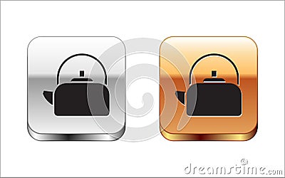 Black Kettle with handle icon isolated on white background. Teapot icon. Silver-gold square button. Vector Illustration. Vector Illustration