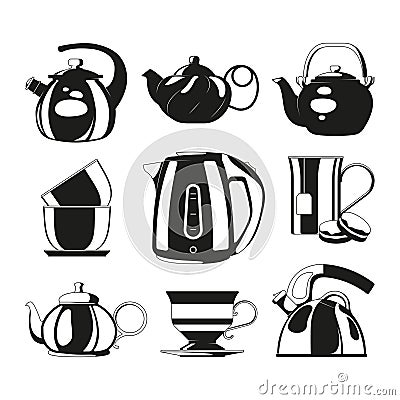 Black kettles. Vector silhouettes of various teapots Vector Illustration