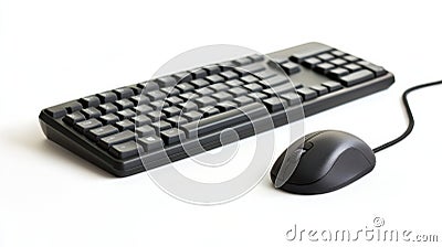 A black keyboard and a matching mouse are positioned neatly on a white surface, ideal for any computer user looking for Stock Photo