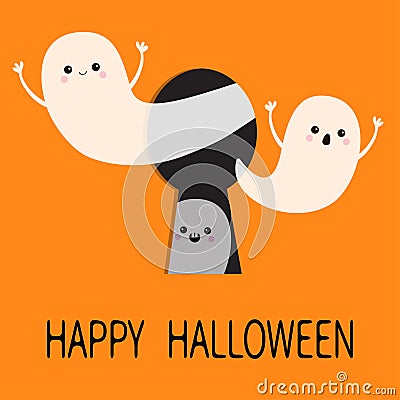 Black keyhole. Flying ghost spirit set. Happy Halloween. Three scary white ghosts key hole. Cute cartoon spooky character. Face, f Vector Illustration