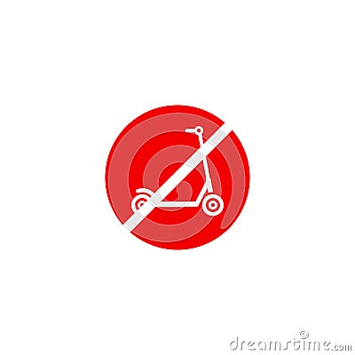 Black kick scooter or balance bike in red crossed circle icon. No push scooter s sign isolated on white Cartoon Illustration