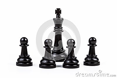 Black king chess piece surrounded by four pawns. People, group gathered around the ruler. Boss, leader, guru, authority, influence Stock Photo