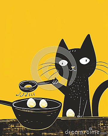 Black kitten cooking eggs. 2d flat doodle illustration. Minimalist Cartoon Illustration