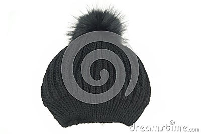 Black Knitted Wool Winter Ski Hat with Pom Pom Stock Photo