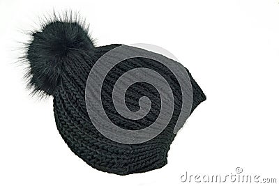 Black Knitted Wool Winter Ski Hat with Pom Pom Stock Photo