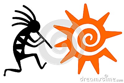 Black Kokopelli and orange sun Vector Illustration