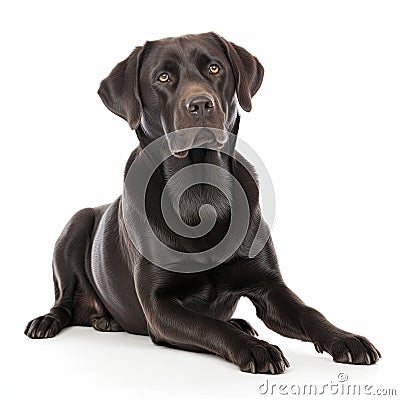 Black Labrador Retriever dog sitting on a white background with its front legs stretched out and its hind legs tucked under Stock Photo