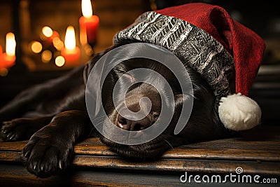 Black labrador with Santa Claus hat sleep near the fireplace. Generative Ai Stock Photo