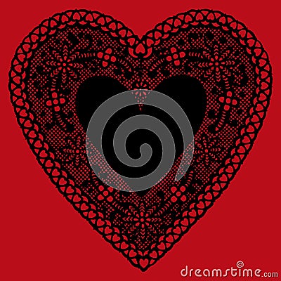 Black Lace Heart Doily on Red Background Vector Illustration