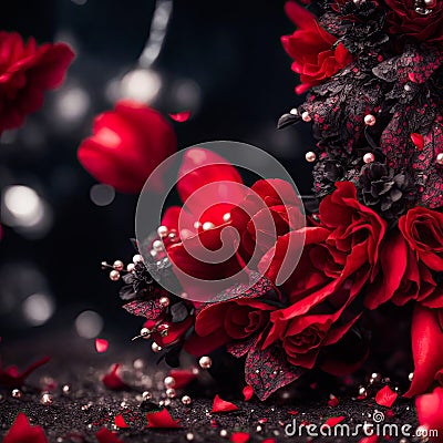 Black lace, red roses and pearls on dark blurred background Cartoon Illustration