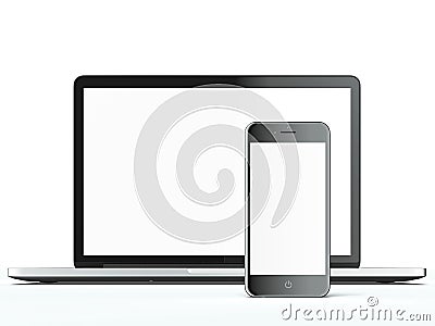 Black laptop and mobile phone with a blank screen Stock Photo