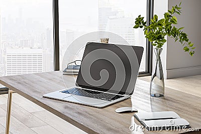 Black laptop monitor with copyspace on wooden table with glass vase and notebook in sunny home office. 3D rendering, mock up Editorial Stock Photo