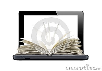 Black laptop and openned book isolated on white Stock Photo