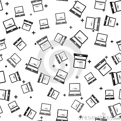 Black Laptop update process with loading bar icon isolated seamless pattern on white background. System software update Vector Illustration