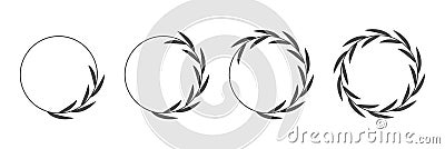 Black laurel wreath round frame set. Rings with leaves, circle award logo or emblem vector illustration. Roman circular Vector Illustration