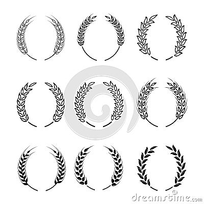 Black laurel wreath - a symbol of the winner. Wheat ears or rice icons set. Vector Illustration