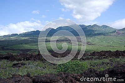 Black lava rocks line the shore at Keanae on the road to Hana in Maui, Hawaii Stock Photo