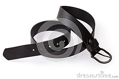 Black leather belt with semicircular frame buckle on white background Stock Photo