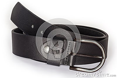 Black leather belt with semicircular frame buckle on white surface Stock Photo