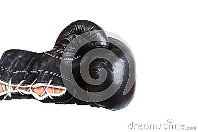 Black leather boxer glove punching from the left isolated on white Stock Photo