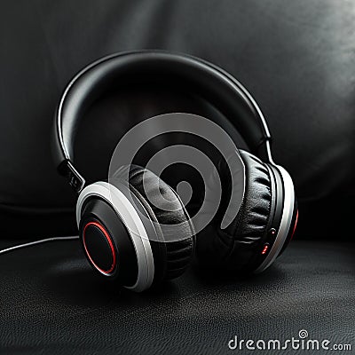 Black leather setting, Bluetooth headphones, modern audio sophistication Stock Photo