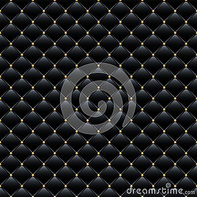 Black leather sofa cover with golden buttons background. Vector luxury seamless pattern. Vector Illustration