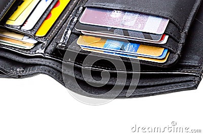 Black leather wallet with credit cards close up Stock Photo