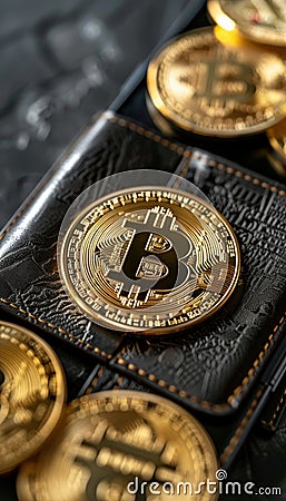 A black leather wallet with a large gold Bitcoin coin on top of it and several smaller Bitcoin coins scattered around Stock Photo