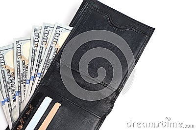 Black leather wallet with stack hundred dollar bills and bank cards on white background.Concept wealth and affluence Stock Photo