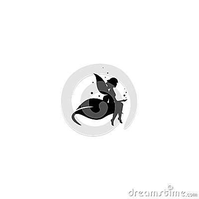 Black leave with fairy girl. Magic, fantasy. Isolated on white. Flat design Cartoon Illustration