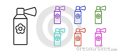 Black line Air freshener spray bottle icon isolated on white background. Air freshener aerosol bottle. Set icons Vector Illustration