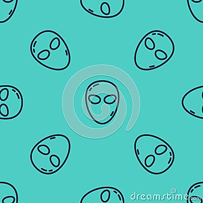 Black line Alien icon isolated seamless pattern on green background. Extraterrestrial alien face or head symbol. Vector Vector Illustration